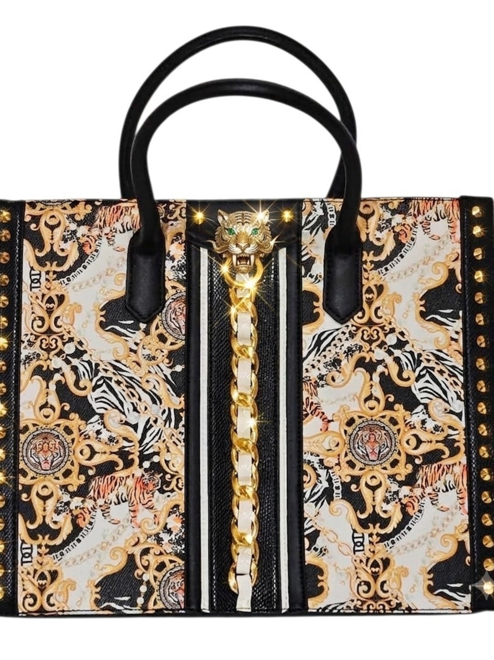 ALDO Caiilla Baroque Tiger Print Tote Bag Black Gold Studded Panther Chai